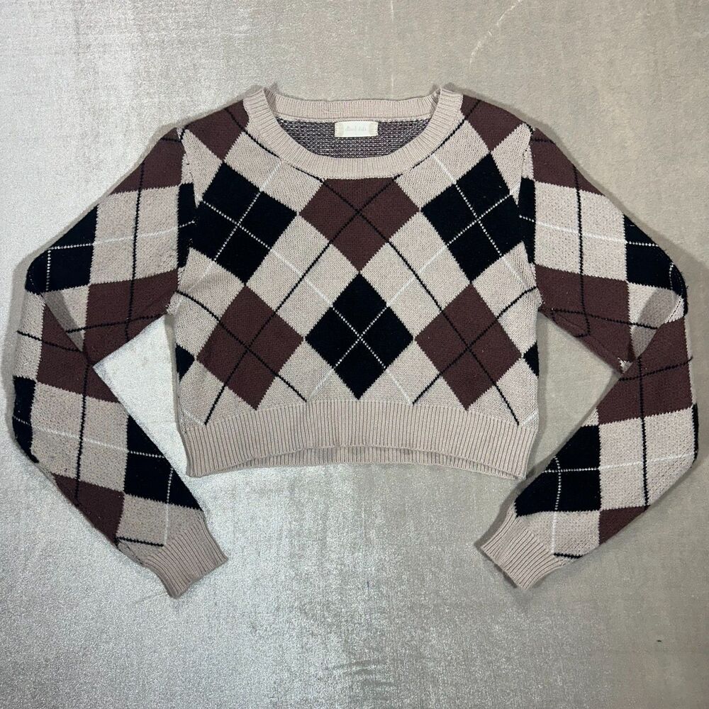 Altar'd State Argyle Knit Large Pullover Crop Sweater Brown Ivory  Long Sleeve